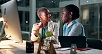 Business women, discussion and computer at night in office, collaboration and online research for creative project. Black people, diversity and teamwork as journalist and brainstorming for editing