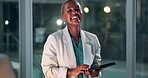 Tablet, laugh and portrait of black female doctor, healthcare or medical research in hospital building. Dark, night and technology for wellness professional, clinic and smile for happy woman person