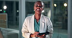 Tablet, smile and portrait of black female doctor, healthcare or medical research in hospital building. Dark, night and technology for wellness professional, clinic and laugh for happy woman person