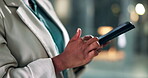 Tablet, touchscreen and female doctor, healthcare or medical in hospital workplace building. Dark, night and technology for wellness professional, clinic and online medicine treatment research 