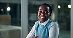 Black woman, happy face and working at night in office, confident and online research on creative project. African person, journalist and smile portrait by computer in workplace and pride as editor