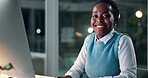 Face, black woman and typing on computer in office at night to finish review or work article for deadline. Person, overtime and pc for research or information for task commitment at publishing agency