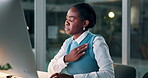 Office, computer and woman with shoulder pain in night, working and typing on keyboard for project. Copywriter, female person and employee or staff for writing in website for business on desk