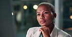 Confused, thinking or black woman with computer in office for research, planning or b2b night communication. Working late, questions and African entrepreneur with pc search, brainstorming or solution