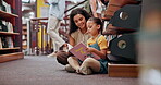 Woman, child and book for library, creativity and reading for future growth and knowledge. Teacher, kid and smile with help, development and english education for support and fantasy storytelling