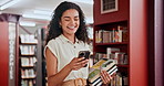 Happy, education or woman in library with phone for knowledge or development for learning. Social media, walking or student at school studying course info to search on online blog or mobile app news