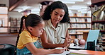 Mother, child and library for writing homework or education learning for tutor lesson, school or helping. Woman, kid and studying at desk for knowledge development with notebook, alphabet or teaching