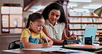 School, tutor or kid writing in library with laptop for elearning, knowledge and child development for growth. Teacher, education and girl student with parent, mother or woman for help or support