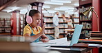 Laptop, video call and child online school, learning and growth of development, girl and student. Headphones, internet and female person writing for education on desk of library, paper and test