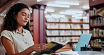 Woman, reading and studying in library as university student for learning education for project research, knowledge or scholarship. Female person, book and academy campus, literature or assignment