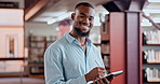 Face, education or black man in a library writing with smile for knowledge, notes or development for learning. Scholarship, portrait or happy college student studying information with journal diary