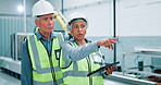 Senior, people and planning with tablet on construction site with safety gear for civil or mechanical engineering. Managers, conversation and digital technology for design, field inspection and info.