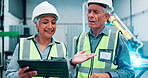 Tablet, team and engineer in discussion at robotic factory for manufacturing with happy senior manager. Technology, plant and people together for automation, production and planning for industry 4.0