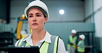 Engineer, woman and check with tablet for inspection, project management and planning with technology. Female person, architecture and and employee with connectivity, maintenance and construction