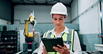 Engineering, woman and check with tablet for inspection, project management and planning with technology. Female person, architecture and and employee with connectivity, maintenance and construction