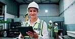 Portrait, engineer and woman with tablet for inspection, project management and planning with technology. Female person, architecture and and employee with connectivity, maintenance and construction