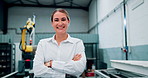 Warehouse, supply chain and portrait of woman with arms crossed confidence at distribution startup. Industry, smile and face of factory worker happy with career pride for shipping, cargo or delivery