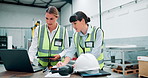 Tablet, laptop and team of women engineers with research for maintenance, repairs or building project. Computer, digital technology and female industrial employees in discussion on site office.