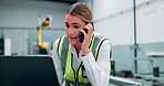 Phone call, contact and woman with laptop for communication, talking or information for work in industrial career. Female person, engineer or boss with mobile technology for planning or distribution