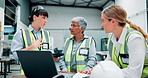 Factory, laptop and employees in discussion with manager for logistics, distribution and concern for issue. Worker, boss and communication with tech for production, brainstorming and planning problem