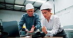 Laptop, discussion and manager with construction worker planning architecture for maintenance. Conversation, computer and foreman working with female engineer on site office for repairs or building.