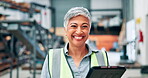 Woman, tablet or warehouse in logistics, safety or ecommerce as digital, administration or stock. Female employee, hi vis vest or tech in factory, manufacturing or production quality assurance