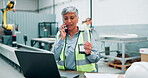 Engineer, computer and woman in phone call while working in business project, building and trade industry. Senior person, talking and professional with laptop and cellphone in construction site