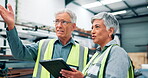 Business, people and planning with tablet in factory with discussion for civil or mechanical engineering. Managers, conversation and digital technology for design, field inspection and info.