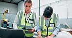 Tablet, laptop and women engineers with notes for research on maintenance, repairs or building project. Computer, digital technology and team of female industry employees in discussion on site office