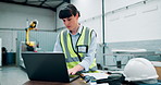 Laptop, engineering and woman construction worker on site for research with maintenance project. Industry, technology and professional female industrial worker work on repairs with computer in office