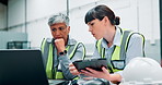 Tablet, computer and manager with engineer on site with research for maintenance, repairs or building project. Laptop, digital technology and female industrial employees in discussion in office.