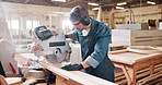 Saw, machine and carpenter in workshop with wood project in carpentry and process of cutting plank. Woodworking, handyman and man with tools for manufacturing and construction on table with equipment