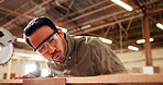 Carpenter, dust and blow for startup, manufacturing and product construction. Handyman, workshop and thinking with design, renovation and creative small business for building and artisan project