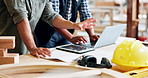 Hands, coworker and architect with technology in desk or typing on laptop and discuss design. Closeup, colleagues and men as engineers with meeting in startup business for construction project