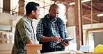 Woodwork, construction and men with tablet in discussion for manufacturing, planning or production. Craftsman, diversity and idea with technology for building, inspection or teamwork on wooden design