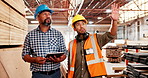 Woodwork, teamwork and carpenter with tablet in workshop for planning construction, discussion and renovation. Engineer, collaboration and diverse workers in warehouse for industrial building project