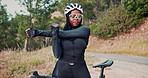 Black woman, stretching and bike for cycling with exercise outdoor, rider ready for race and workout in park. Flexibility, training and start with bicycle in nature, cyclist for fitness and sports