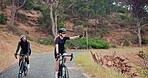 Friends, bicycle or road as adventure, fitness or health on training, workout or exercise in nature. Women, cycling or safety gear to balance, ride or performance as bonding together on mountain path