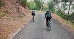Women, helmet or bike in cycling race, fitness or training as bonding together on mountain path. Female athlete, cyclist or gear in endurance, workout or exercise to balance, power or performance