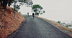 People, cycling and mountain hill with speed for sports exercise on mist morning for workout, fitness or training. Person, friends and bike adventure in nature for triathlon, outdoor or challenge