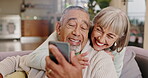 Senior couple, selfie or video call with smartphone in living room with affection, smile and bonding together. Marriage, romance and relationship of elderly people, man and happy woman on sofa