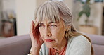 Old woman, headache and pain with stress, brain fog and fatigue at nursing home, health and wellness. Retirement, pension and migraine with medical crisis, senior care with vertigo or tired in lounge