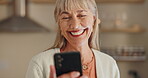 Senior woman, phone and app for conversation in home, reading notification and scroll on blog. Elderly female person, typing and text for communication, smile and social media for funny joke or laugh
