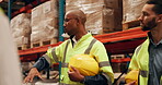 Talking, warehouse and black man in construction at factory with information, feedback and communication for team. Professional, worker and chat about industry planning, process of storage or safety