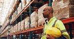Warehouse, man and talking about construction in factory with information, feedback and communication. Professional, worker and discussion of industry planning or process of storage in supply chain