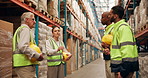 Team, talking and woman in construction at warehouse with information, feedback and communication for safety. Professional, worker and discussion of industry process of planning storage in factory