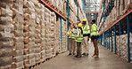 Shelf, meeting and group of people in warehouse for discussion, staff collaboration and service delivery in logistics. Teamwork, men and women in factory storage for inventory management in export