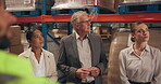 Industrial, business team and factory with management, logistics and meeting planning in a warehouse. Distribution, inspection and leader working and listening to inventory conversation with staff