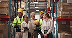 Industrial, business team and factory with funny joke, logistics and manufacturing staff in a warehouse. Distribution, inspection and leader with talk and conversation with tablet and management