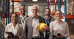 Business people, face and warehouse teamwork for logistics shipping or e commerce storage, inspection or production. Men, women and stock distribution for quality assurance, safety or supply chain